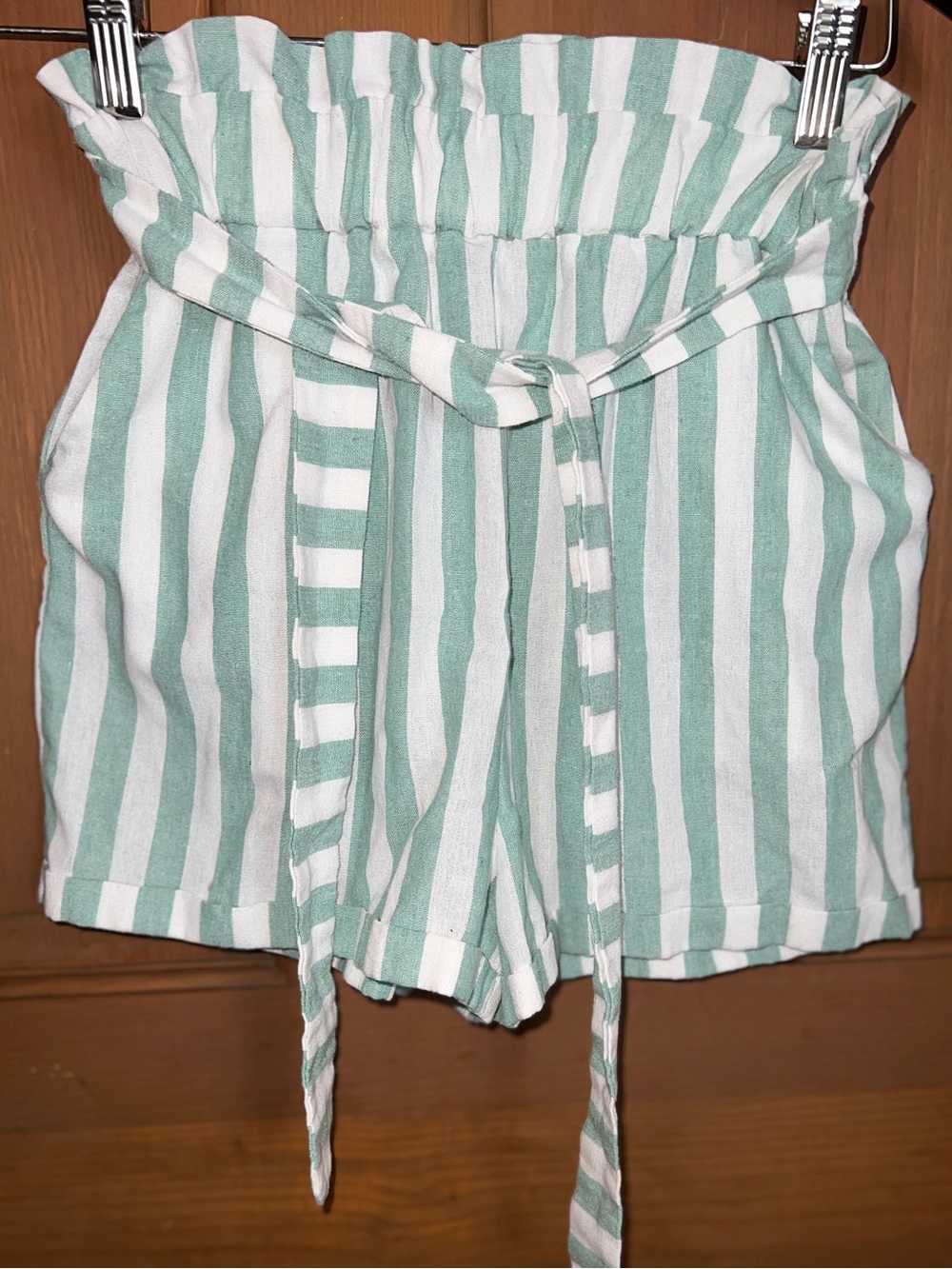 High-Waist Paperbag Stripe Shorts — White & Light Green